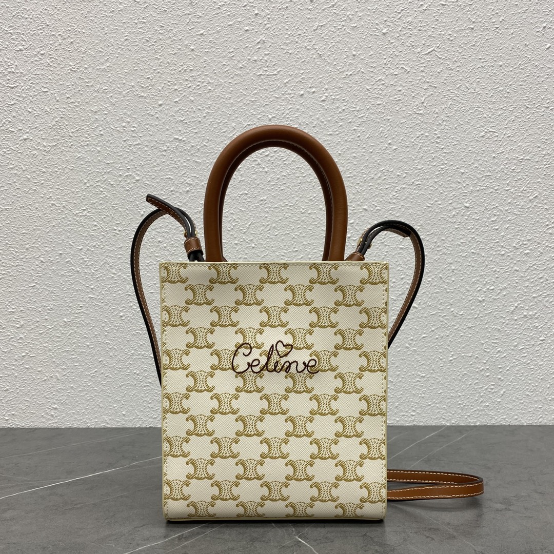 Celine Mini Vertical Cabas In Triomphe Canvas And Calfskin With Celine Print Cream/Brown 193302